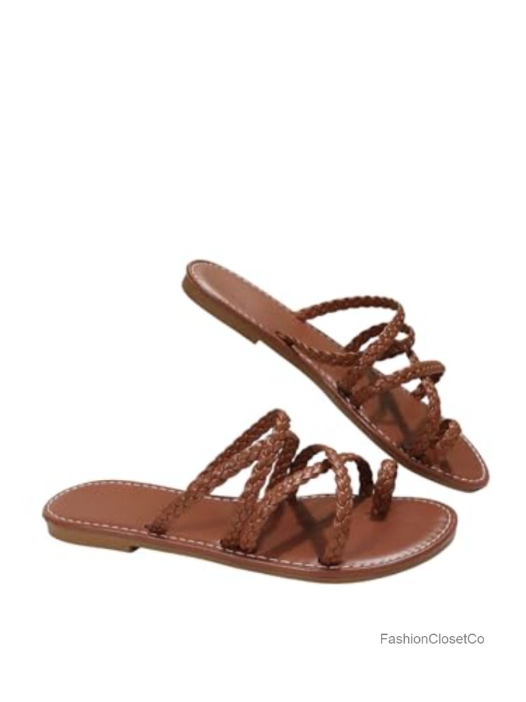 Faux Leather Braided Strappy Sandals Open Toe Slide Flats